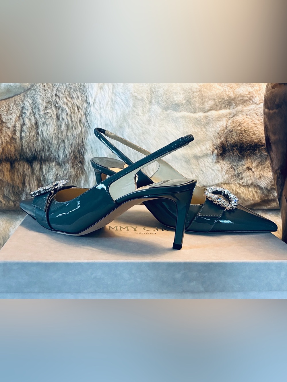 ✨ Jimmy Choo Cheri SB65 Patent Slingback Pointed Toe Pumps w Crystal Buckle NWT - Picture 14 of 17